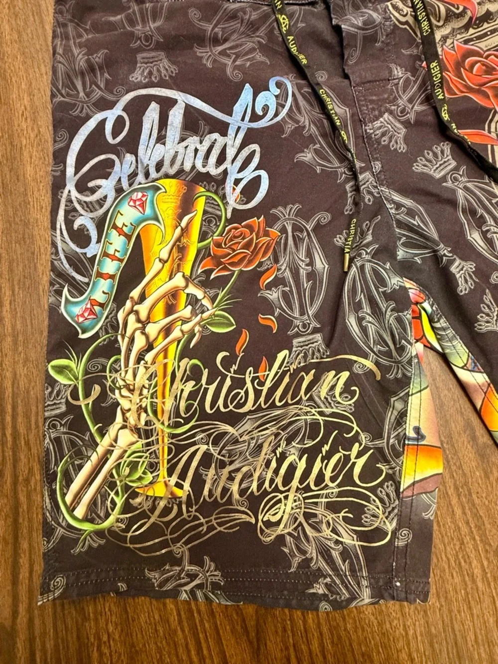 Christian Audigier Ed Hardy Board Shorts with Multicolor Graphics Y2K